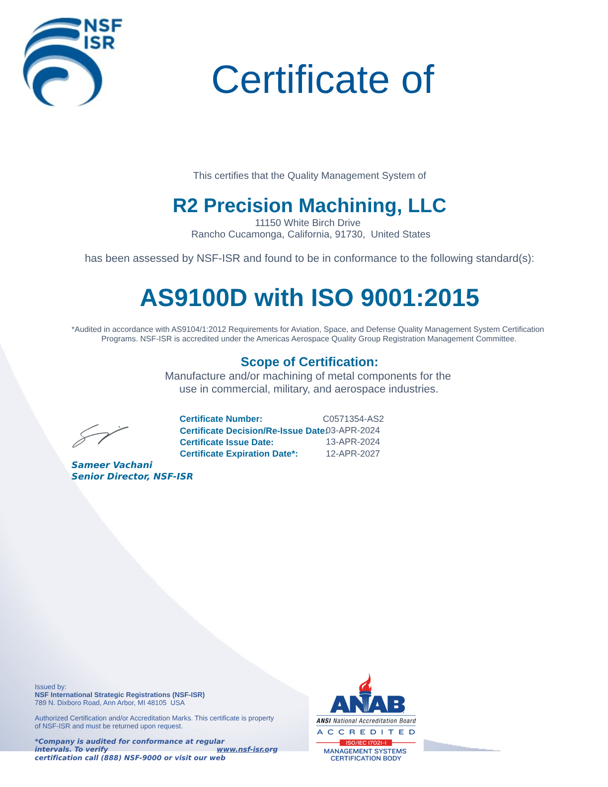 R2 Precision Machining LLC- AS9100D with ISO 9001 2015 Certification
